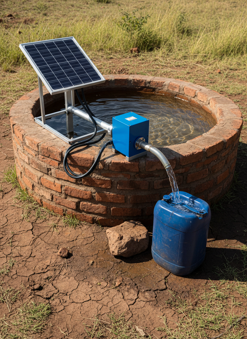 A compact solar-powered water pump system is installed beside a shallow brick-lined well in a rural African setting. Gleaming metal pipes, sturdy blue housing, and a small solar panel tilted toward the sun are carefully arranged, with a clear plastic hose filling a large, weathered water container. The ground is dry, cracked earth transitioning to greener grass further away. Strong but not harsh midday sunlight creates crisp highlights on the metal surfaces and clear reflections in the water, with well-defined shadows radiating outward. Photographic realism, low-angle composition, and wide depth of field emphasize practical, sustainable infrastructure supported by the foundation.