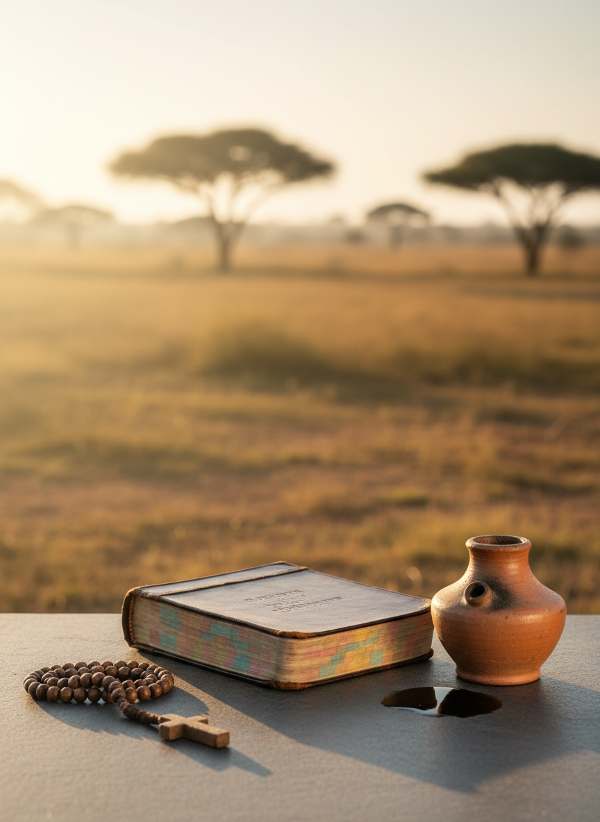 A well-worn leather-bound Bible rests open on a smooth stone surface, its thin pages slightly curled at the edges, with passages highlighted in soft pastel tones. Beside it lies a small wooden rosary and a simple clay oil lamp, unlit, with faint soot marks around the rim. The background shows an outdoor African landscape blurred into warm earthy tones and distant acacia trees. Early morning light from the side creates delicate highlights along the page edges and a serene glow on the stone, casting gentle shadows. Photographic realism, centered composition, and shallow depth of field evoke reflective spiritual guidance and quiet devotion.
