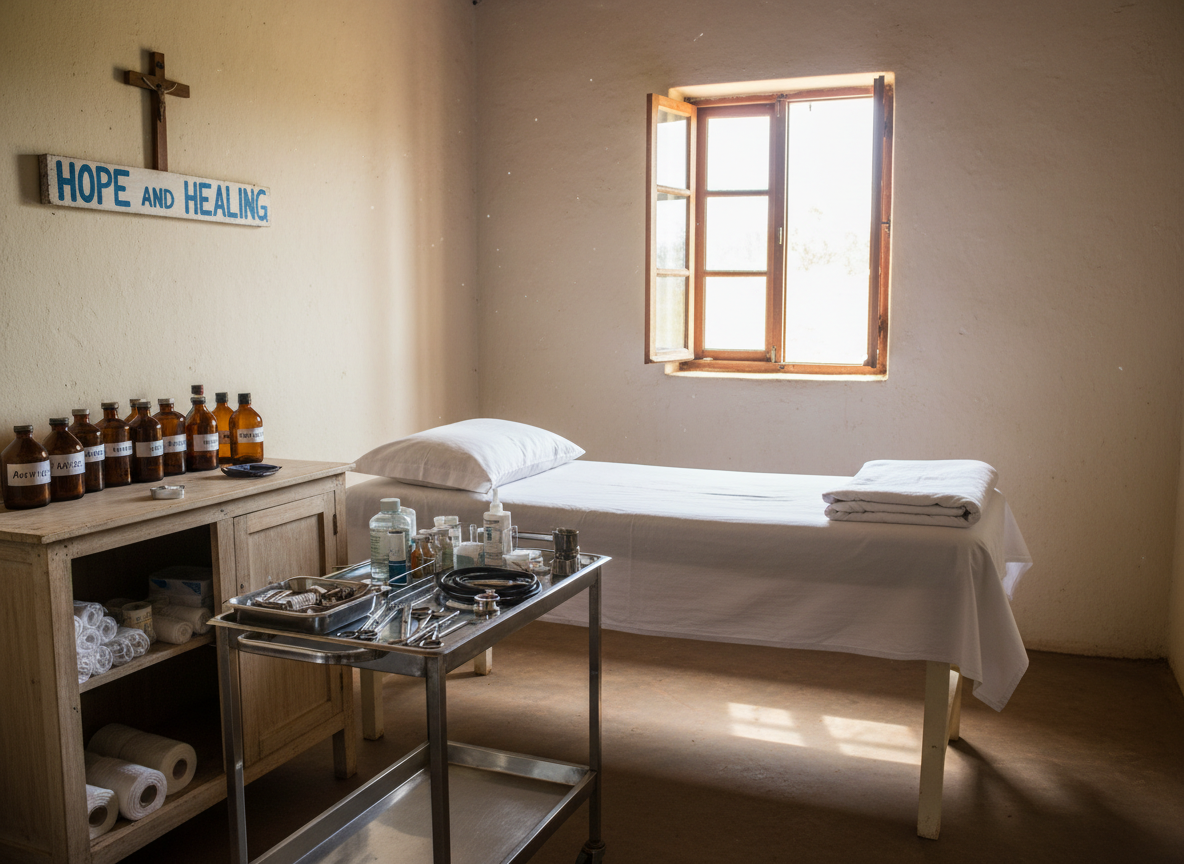 A simple rural clinic room features a clean, neatly made examination bed with crisp white sheets, a stainless-steel tray holding carefully arranged medical tools, and a small wooden cabinet stocked with labeled medicine bottles and bandages. On the wall hangs a modest cross above a hand-painted sign reading “Hope and Healing.” The walls are soft cream, slightly textured, with a single open window letting in diffused daylight that casts gentle, reassuring shadows. Photographic realism with an eye-level composition and moderate depth of field emphasizes order, care, and accessibility in healthcare support across African communities.