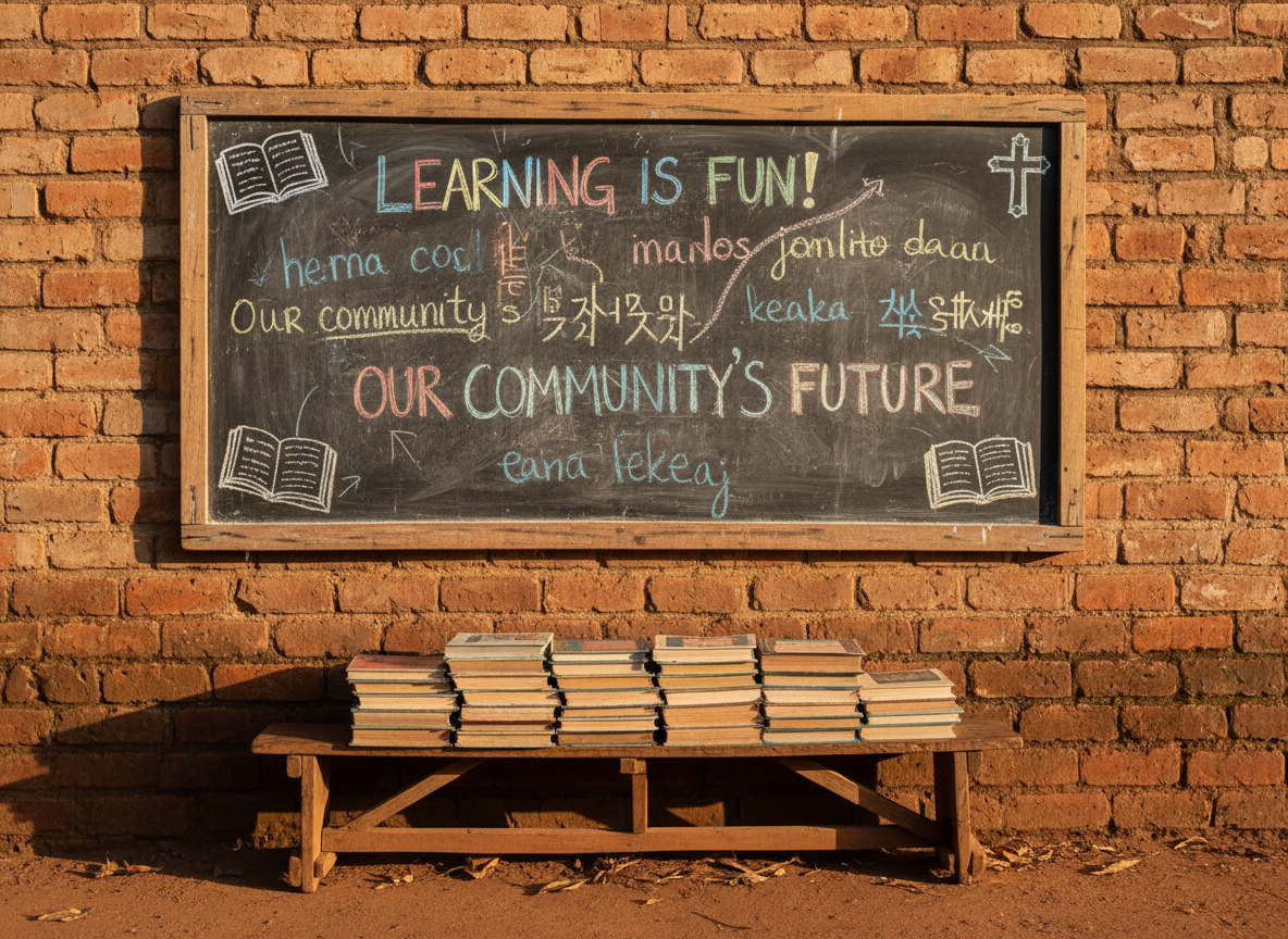 A sturdy, weathered chalkboard mounted on an outdoor brick wall displays colorful, carefully written lesson notes in English and local African languages, with simple drawings of books and a cross in the corners. At the base of the board, a neatly stacked pile of worn but well-kept textbooks with cloth covers rests on a rough wooden bench. The ground is packed red earth, with a few scattered leaves. Late afternoon golden-hour light washes across the scene, casting warm, elongated shadows and illuminating chalk dust on the board. Photographic realism, slightly elevated angle, and a balanced composition create a hopeful, education-focused atmosphere.