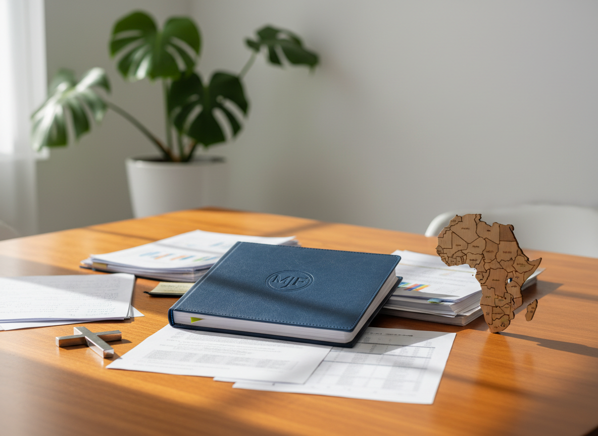 A polished wooden table holds an open, beautifully bound report bearing the subtle embossed logo of the Mara Jukic Foundation on a deep blue cover. Around it lie neatly arranged documents, a simple metal cross, and a small carved wooden map of Africa. The setting is a bright, modern office with clean white walls and a single potted plant in the background, slightly out of focus. Soft morning sunlight enters from a large unseen window, creating gentle highlights on the paper texture and faint shadows along the table’s grain. Photographic realism, eye-level composition, and a shallow depth of field convey a professional, trustworthy atmosphere suitable for a nonprofit homepage hero image.