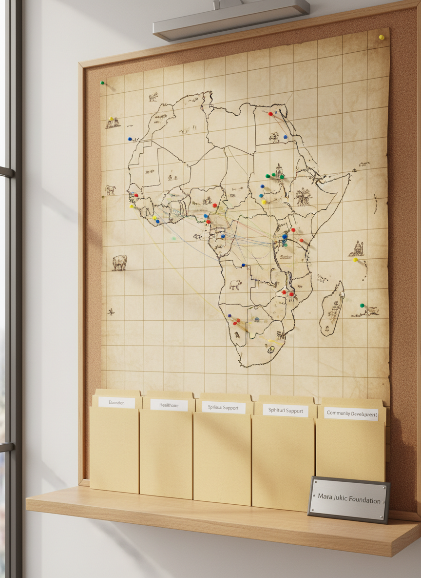 A large, hand-drawn map of Africa is pinned to a corkboard, with neatly placed colored pins marking various project locations of the Mara Jukic Foundation. Below the map, a tidy row of labeled folders—Education, Healthcare, Spiritual Support, Community Development—rests on a light oak shelf. A simple metal plaque with the foundation’s name leans against the folders. Overhead, soft, diffused office lighting combines with subtle daylight from a side window, creating an even, professional illumination without harsh shadows. Photographic realism, slightly angled frontal view, and sharp focus throughout communicate organized, strategic outreach across the continent.